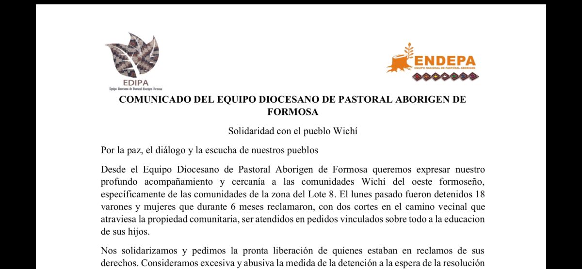 La Iglesia sale al cruce por las detenciones de indígenas wichí en el oeste formoseño
